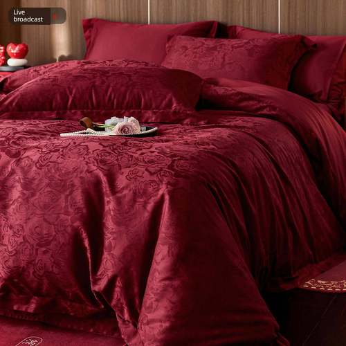 高端全棉婚礼四件套纯棉缎面提花大红被套节日床单婚礼床上用品