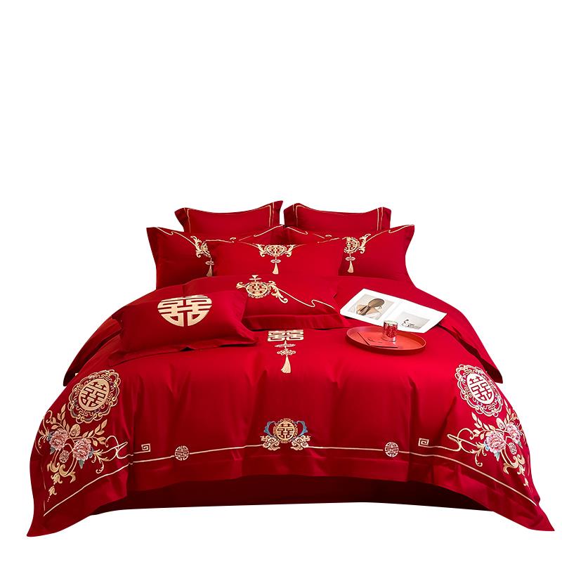 猫人中式结婚四件套红色婚庆被套婚房喜被床单新婚陪嫁床上用品