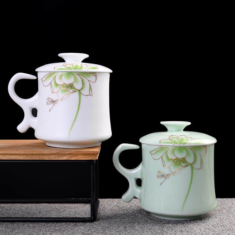 茶杯陶瓷带盖过滤马克水杯亚光青瓷器个人办公会议礼品杯定制LOGO