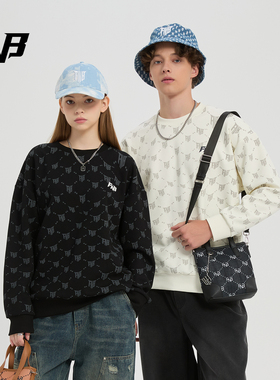 FNB美式潮牌圆领卫衣男女同款秋冬新款老花满印字母刺绣长袖上衣