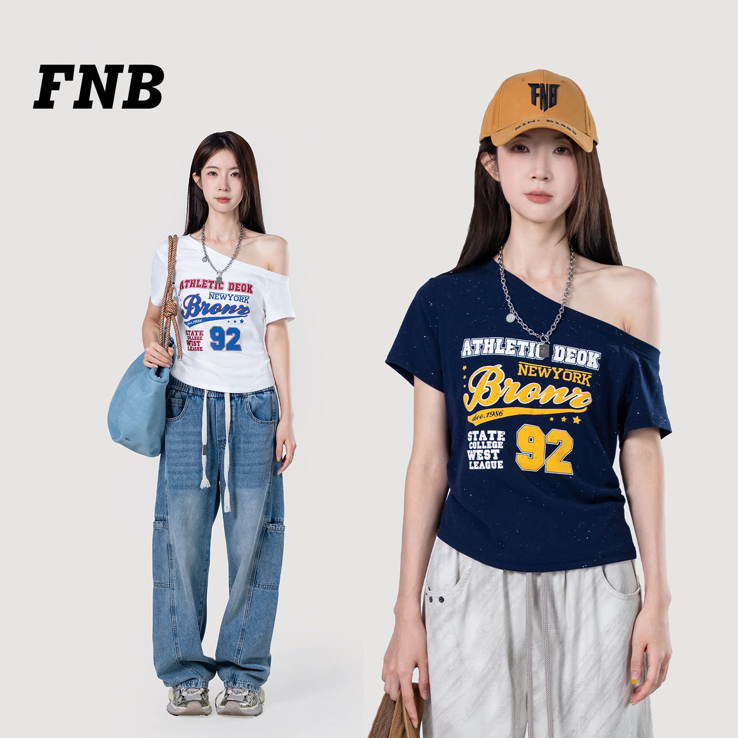 美国FNB26夏季新款斜肩短袖T恤女韩版字母印花显瘦百搭休闲上衣