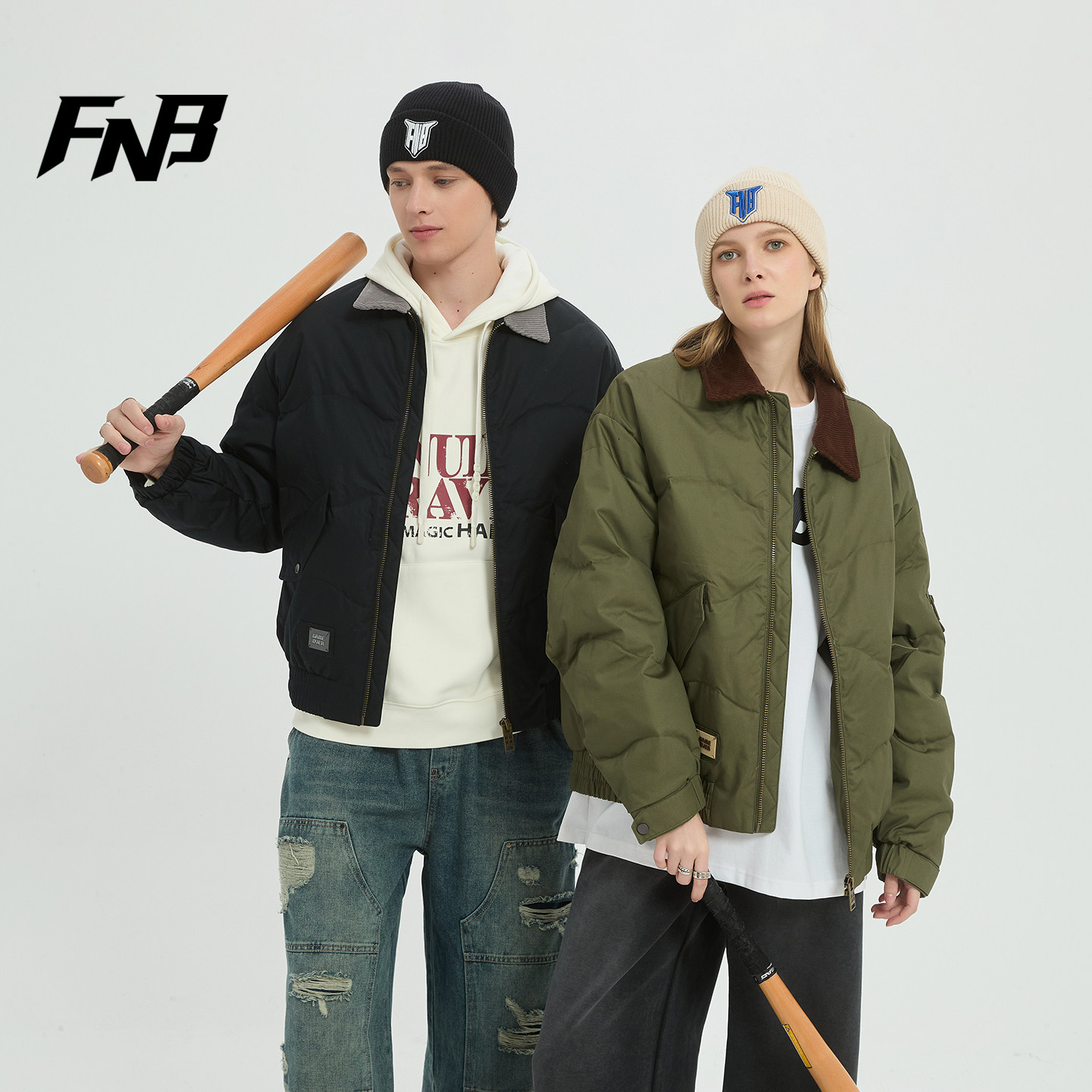 FNB美式潮牌90绒短款羽绒服男女同款翻领工装口袋冬保暖加厚外套