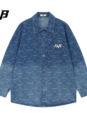 FNB美式复古牛仔衬衫秋季男女款满身提花字母logo宽松设计感外套