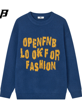 FNB美式风字母印花毛衣加厚保暖男女圆领针织衫宽松百搭情侣上衣