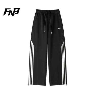FNB美式运动风黑色拼接条纹三条杠直筒长裤男高级感休闲裤女潮牌