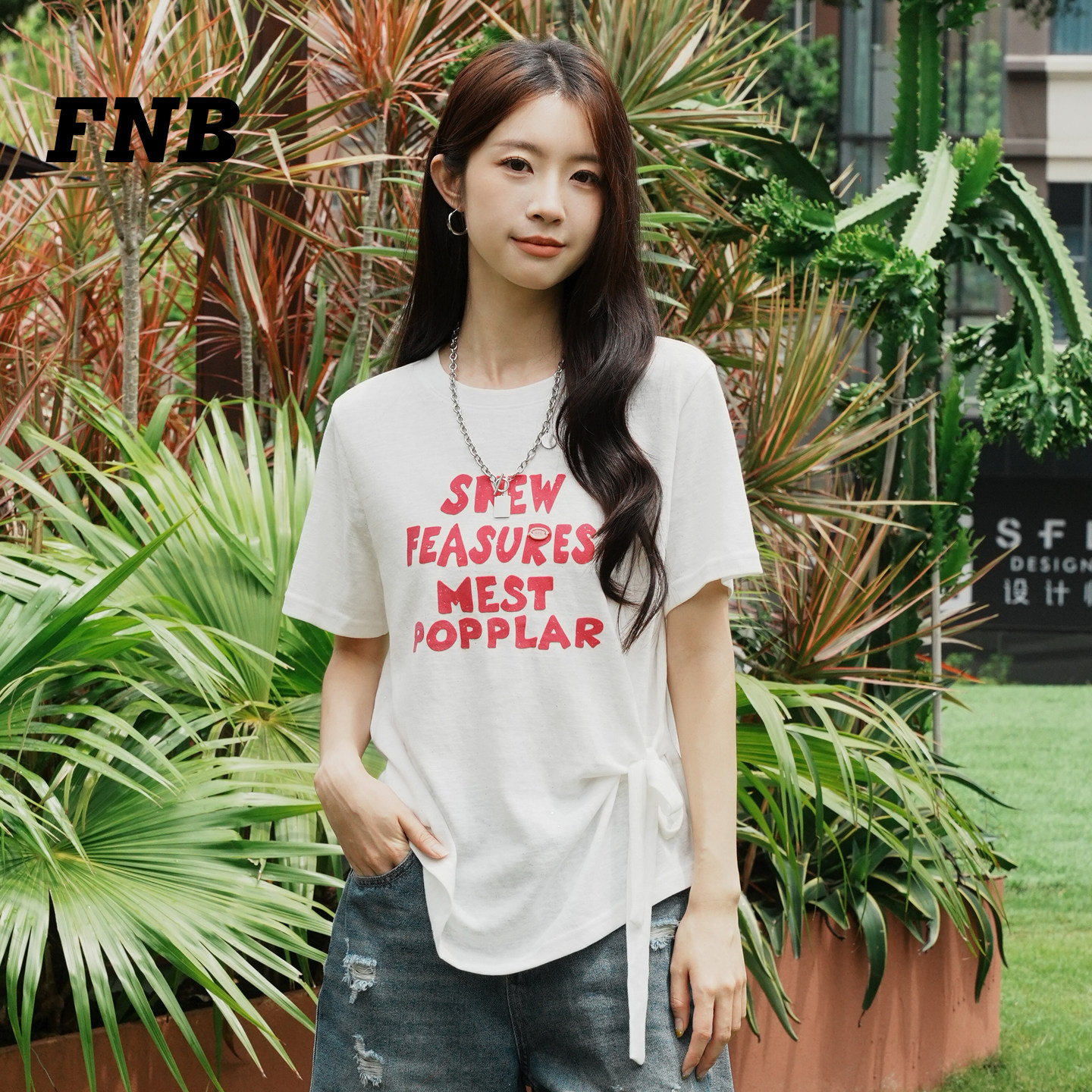 美国FNB2026新款字母印花绑带短袖T恤女白色显瘦百搭休闲潮流上衣