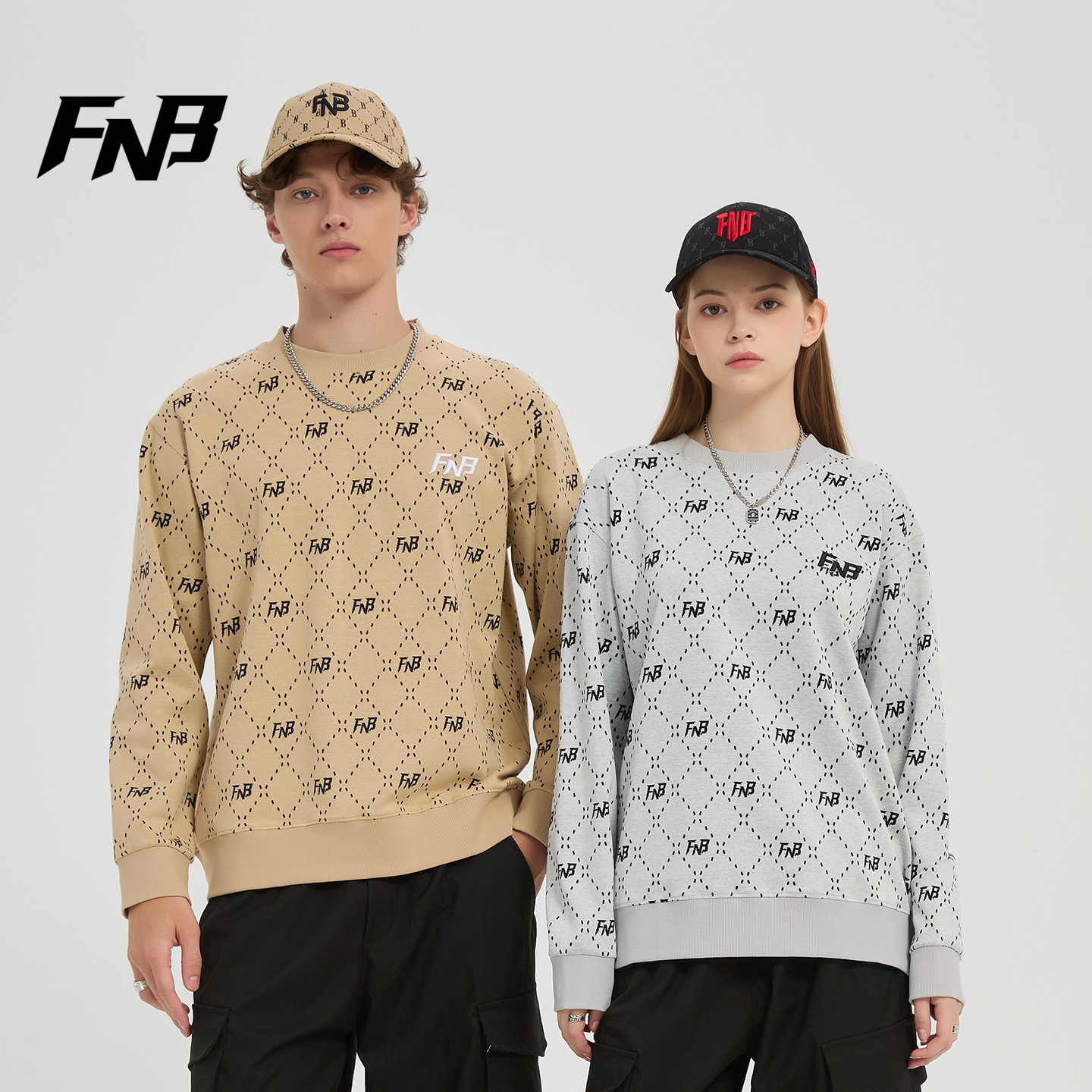 FNB美式潮牌圆领卫衣男女针织毛衣情侣中性款刺绣满印打底衫上衣