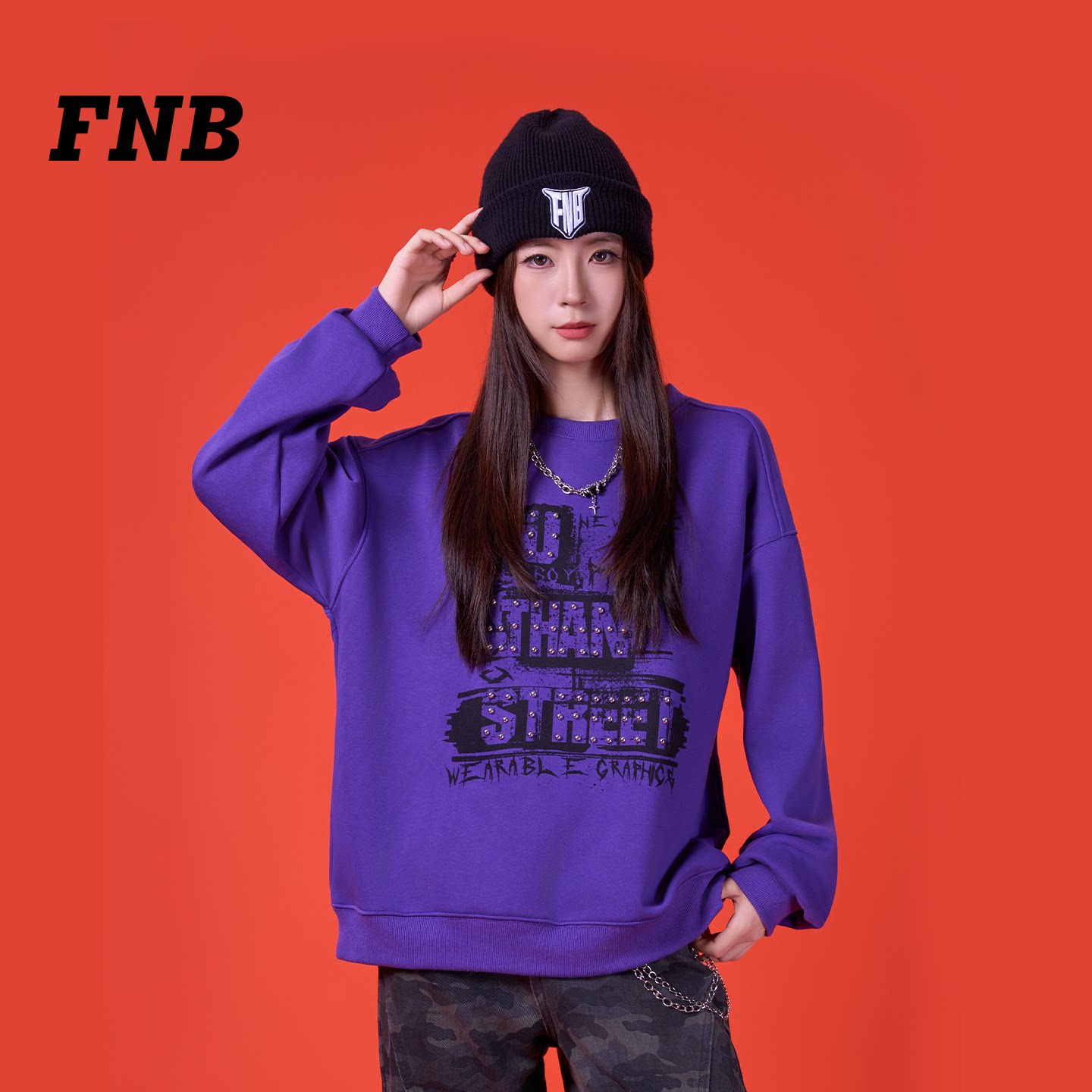 美国FNB加绒卫衣做旧字母涂鸦高饱和紫美式街头宽松保暖套头上衣