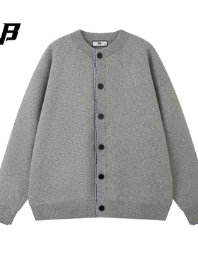 FNB极简风格子拼接假两件开衫毛衣男女同款纽扣针织衫冬保暖外套