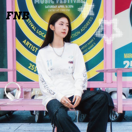 美国FNB赛车风女宽松落肩长袖T恤