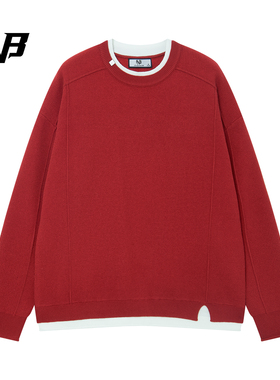 FNB美式潮牌休闲风撞色圆领毛衣男女红色假两件针织衫高级感上衣