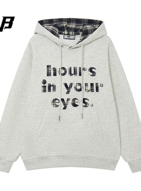 FNB美式复古格子拼接连帽卫衣男女同款宽松字母刺绣潮牌上衣秋冬