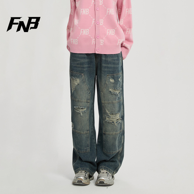 FNB美式高街复古破洞阔腿牛仔裤男女秋冬宽松直筒垂感潮流慵懒风