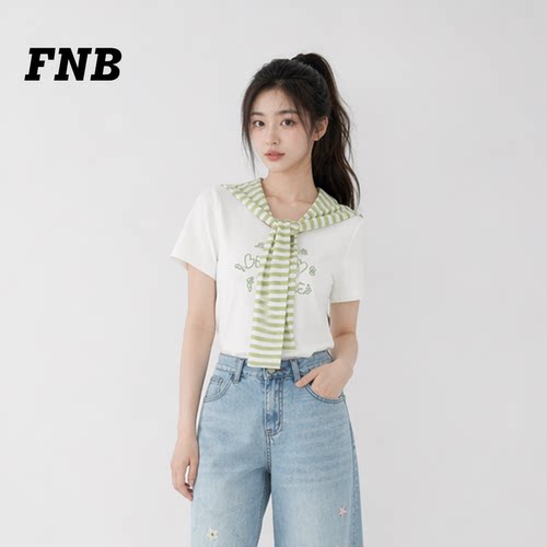 美国FNB海军风条纹披肩领白T恤女