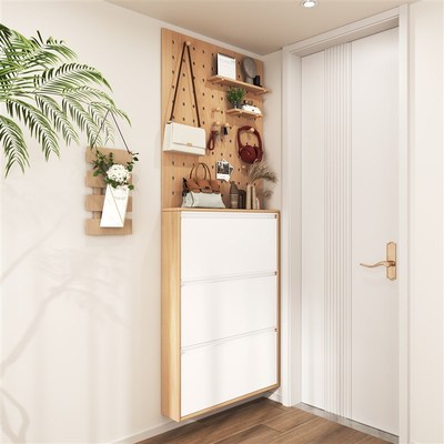 全实木翻斗式鞋柜家用门口17cm超薄款门后窄洞洞板衣帽架一体入门