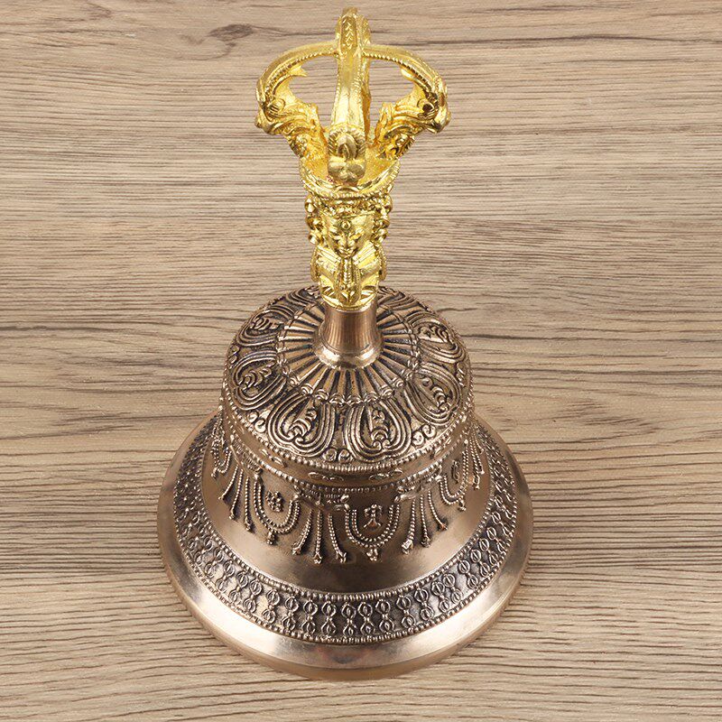 新品尼泊尔手工鎏金五股金刚铃杵纯铜手摇铃铛R雕花图案铜摇铃居