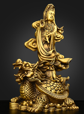 新品观音菩萨摆件纯铜站龙龟观世音菩萨家居佛堂装饰X佛像大号净