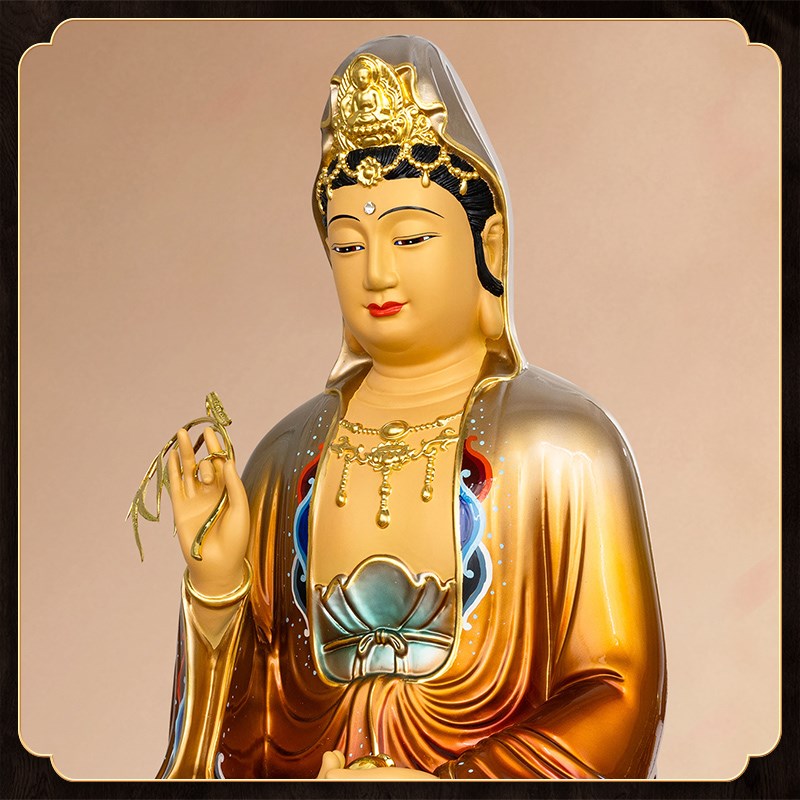 极速纯铜彩绘贴金观音菩萨u佛像家用供奉坐莲南海观世音摆件婆娑