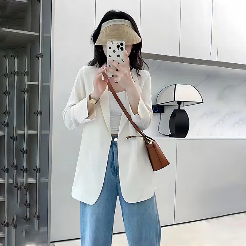 雪纺小西装外套女2024新款夏季薄款休闲白色高级感西服上衣防晒衣
