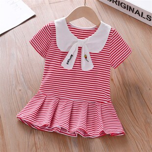夏季女童条纹连衣裙儿童洋气海军风polo裙衫女宝宝短袖纯棉百褶裙