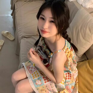 少女甜美宽松大码睡裙女款夏款新款可爱卡通吊带长裙家居服连衣裙