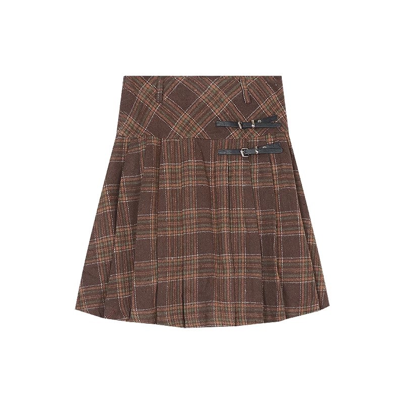 复古格纹毛呢半身裙女秋冬大码高腰显瘦美式学院风百褶格子A字裙