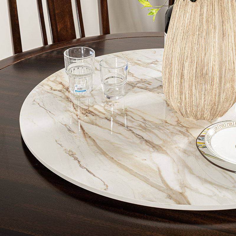 乌金檀木岩板圆桌新中式全实木圆形餐桌椅组合带转盘大理石饭桌