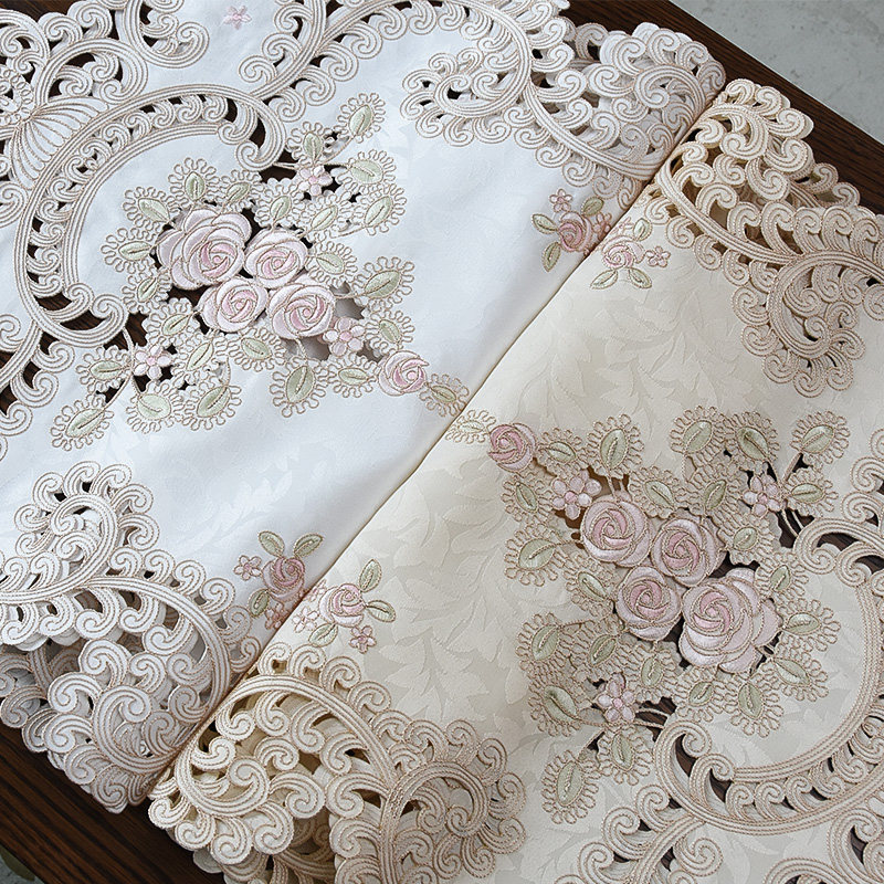 桌旗桌垫茶桌布玫瑰绣花桌旗简约大方手工镂空布艺茶几装饰盖巾