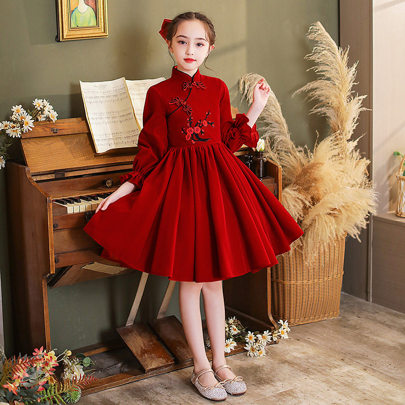 儿童生日公主裙红色花童小女孩主持人晚礼服女童中国风演出服冬季
