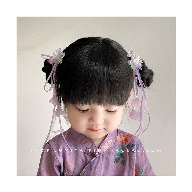 仙气飘飘~汉服头饰女儿童飘带对夹女童古风发饰女孩古装绢花发夹