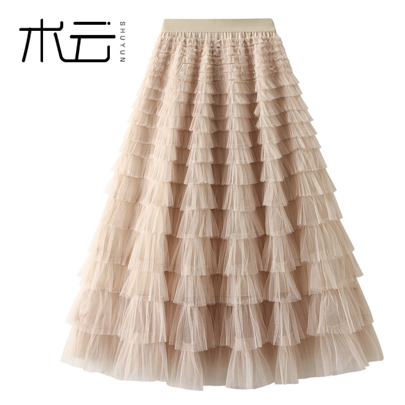 2210 层层网纱蛋糕裙半身裙女春秋冬2022新款仙女纱裙a字百褶长裙