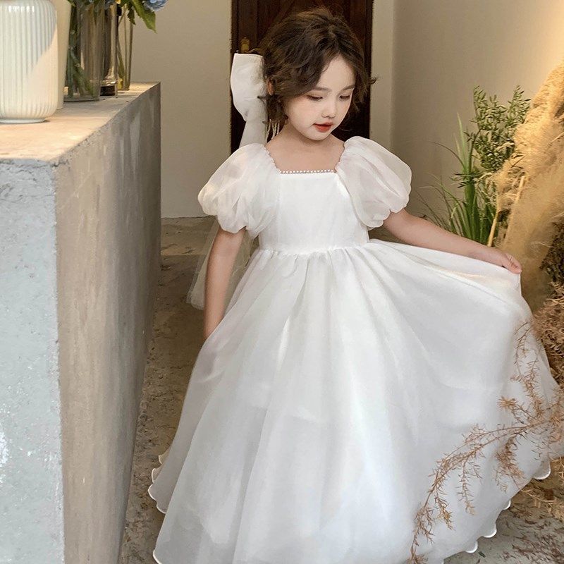 送头纱女童夏季高级感洋气白色婚纱主持人礼服纱裙儿童生日公主裙图片