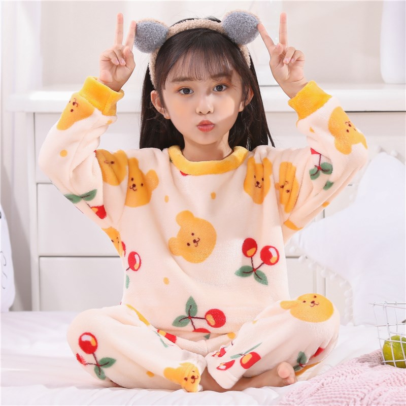 法兰绒睡衣女儿童秋冬季加绒保暖可爱女孩春秋款珊瑚绒家居服套装