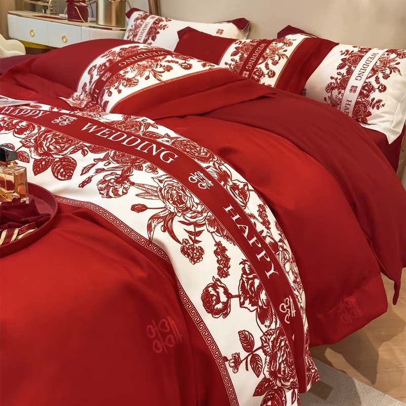 高档中式婚庆四件套全棉红色结婚床单被套纯棉新婚房陪嫁床上用品