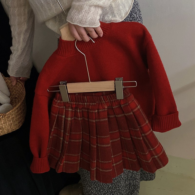 女童圣诞新年装红色格子半身裙2023秋冬女宝百褶裙洋气A字裙百搭