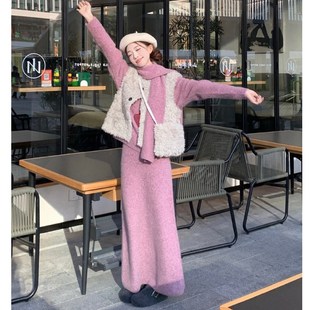 大码女装2024冬季胖mm法式高级设计感紫色毛衣半身裙毛毛马甲套装