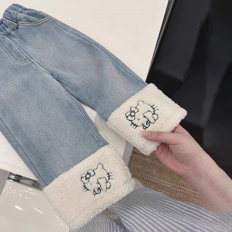 韩国童装女童加绒牛仔裤2024秋冬中小童可爱卡通羊羔毛拼接直筒裤,童装/婴儿装/亲子装,儿童牛仔裤,淘宝优惠券,粉丝福利购,淘宝优惠卷