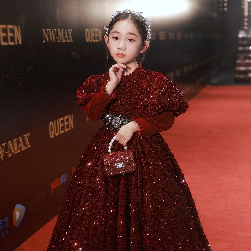花童女童酒红色礼服裙高端长袖小女孩亮片公主长裙大童演出服秋冬