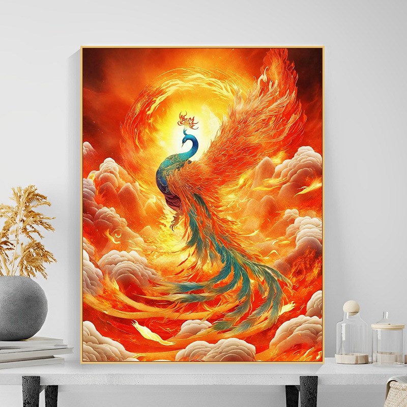 凤凰于飞diy数字油画 手工填充色卧室装饰丙烯油彩画孔雀神兽朱雀图片