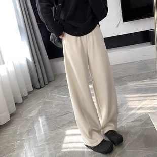 白色阔腿裤女春季新款休闲羊毛呢香蕉卫裤宽松弯镰刀裤垂感直筒裤