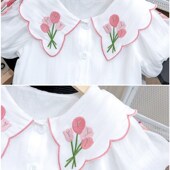 中小童女孩精致绣花边领衬衣百搭打底衫 娃娃衫 新款 女童2024春夏季