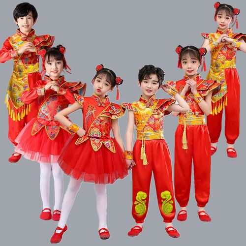 儿童喜庆秧歌服演出服打鼓服中国风中国红大鼓锣鼓舞蹈开门红表演