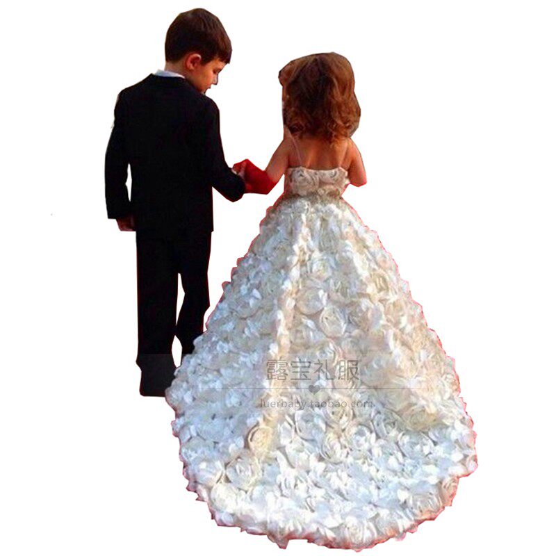 儿童礼服白色女童公主裙花童生日拖尾蕾丝婚纱钢琴走秀T台演出服