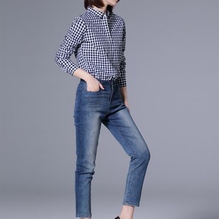 女长袖 蓝色小格子衬衫 纯棉气质衬衣职业宽松休闲上衣 新款 2024春装