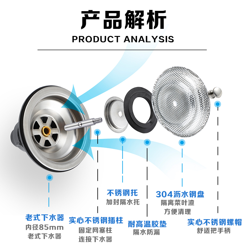 水槽下水塞子厨房洗菜盆盖洗碗盆老式下水器304不锈钢塞头过滤网