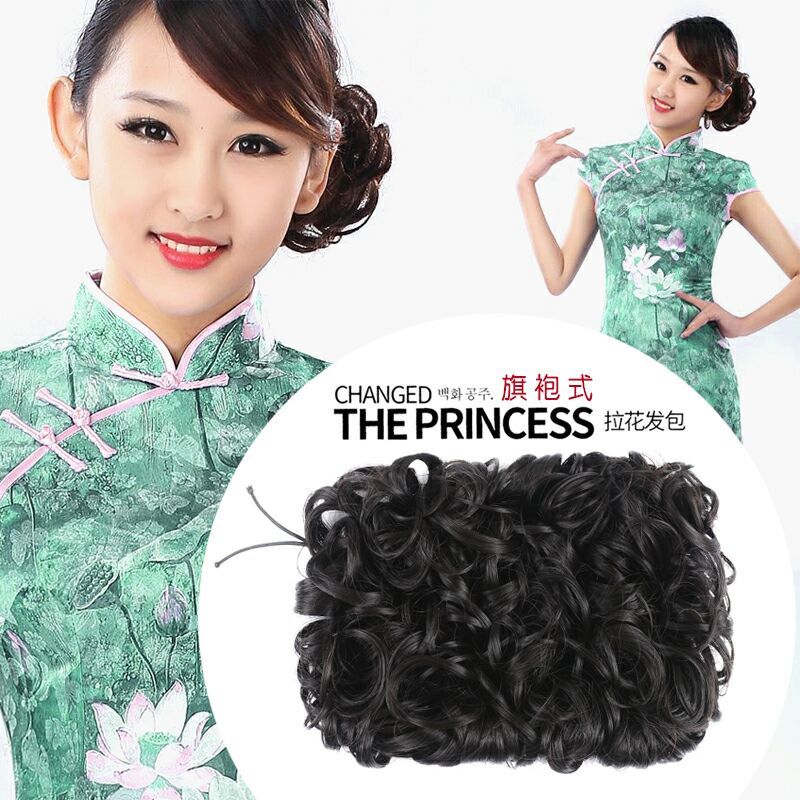 旗袍发苞造型假发女蓬松丸子头卷发包复古头花拉发花苞新娘盘头