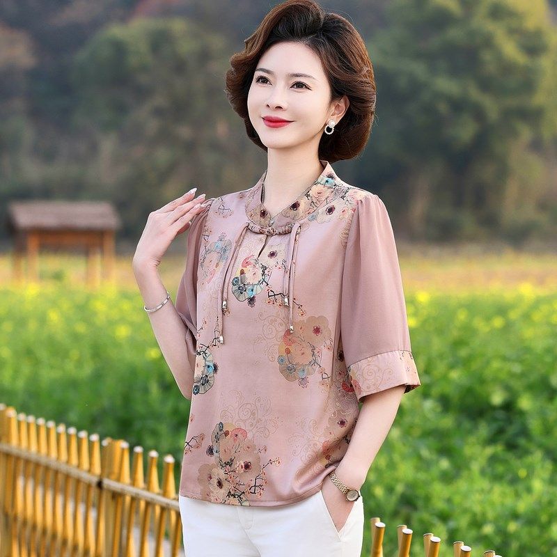 妈妈夏装2024新款短袖雪纺小衫时尚套装中老年女t恤新中式上衣服,女装/女士精品,中老年女装,淘宝优惠券,粉丝福利购,淘宝优惠卷