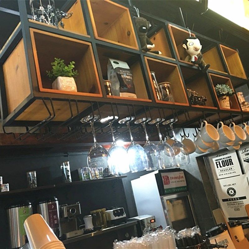 复古实木前台壁挂墙上置物架工业风铁艺吊柜悬挂收纳层架一字搁板