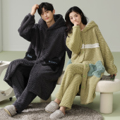 家居服 睡袍浴袍保暖法兰绒男士 情侣睡衣女秋冬季 珊瑚绒加绒加长款