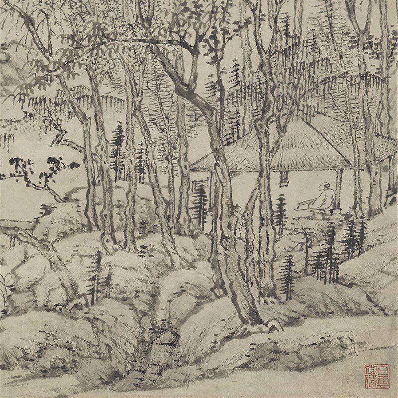 清 渐江弘仁《黄山云谷寺静思图》水墨山水国画高清微喷装饰挂画